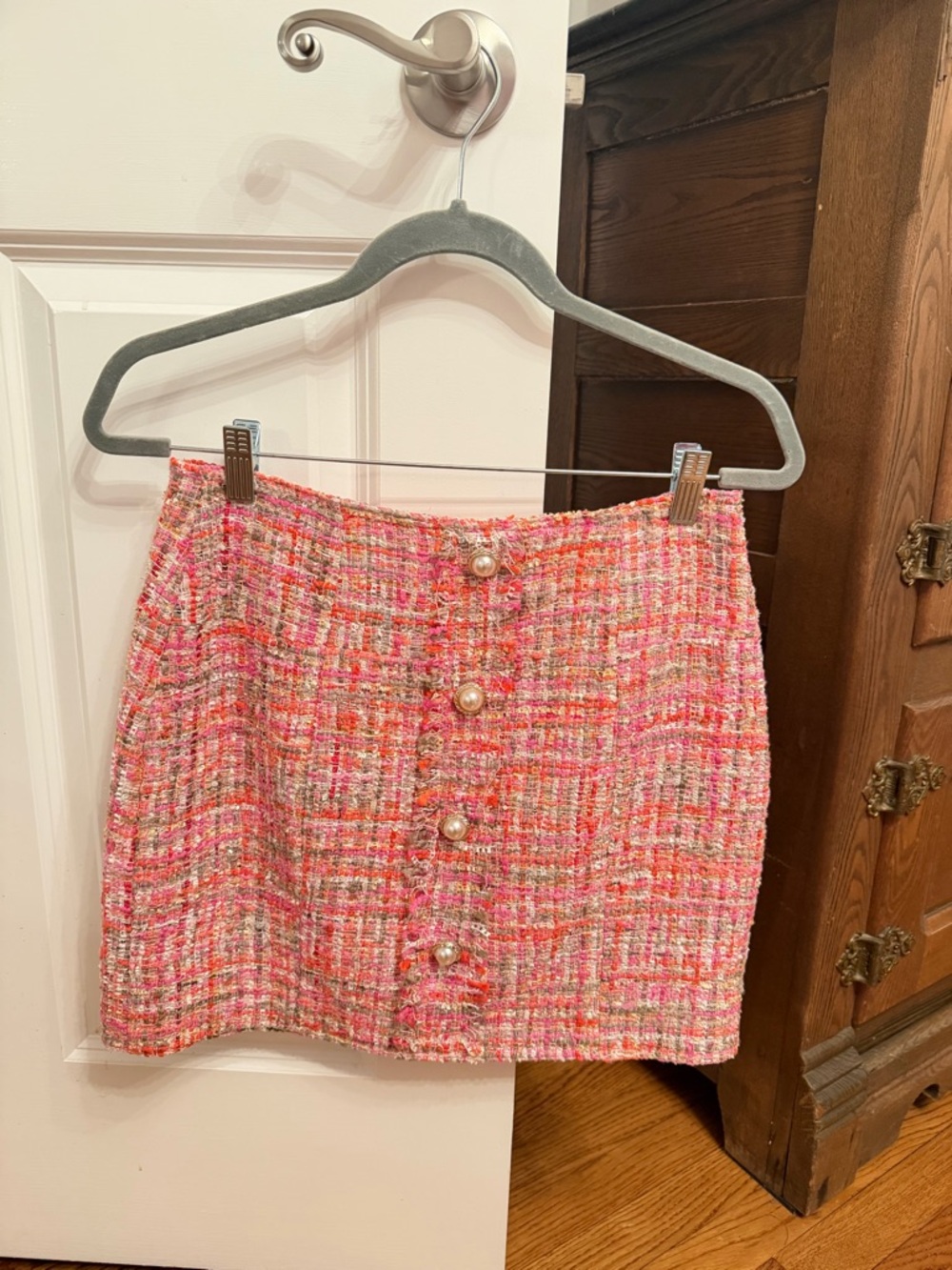 Adelyn Rae Pink Tweed Pearl-Button Mini Skirt